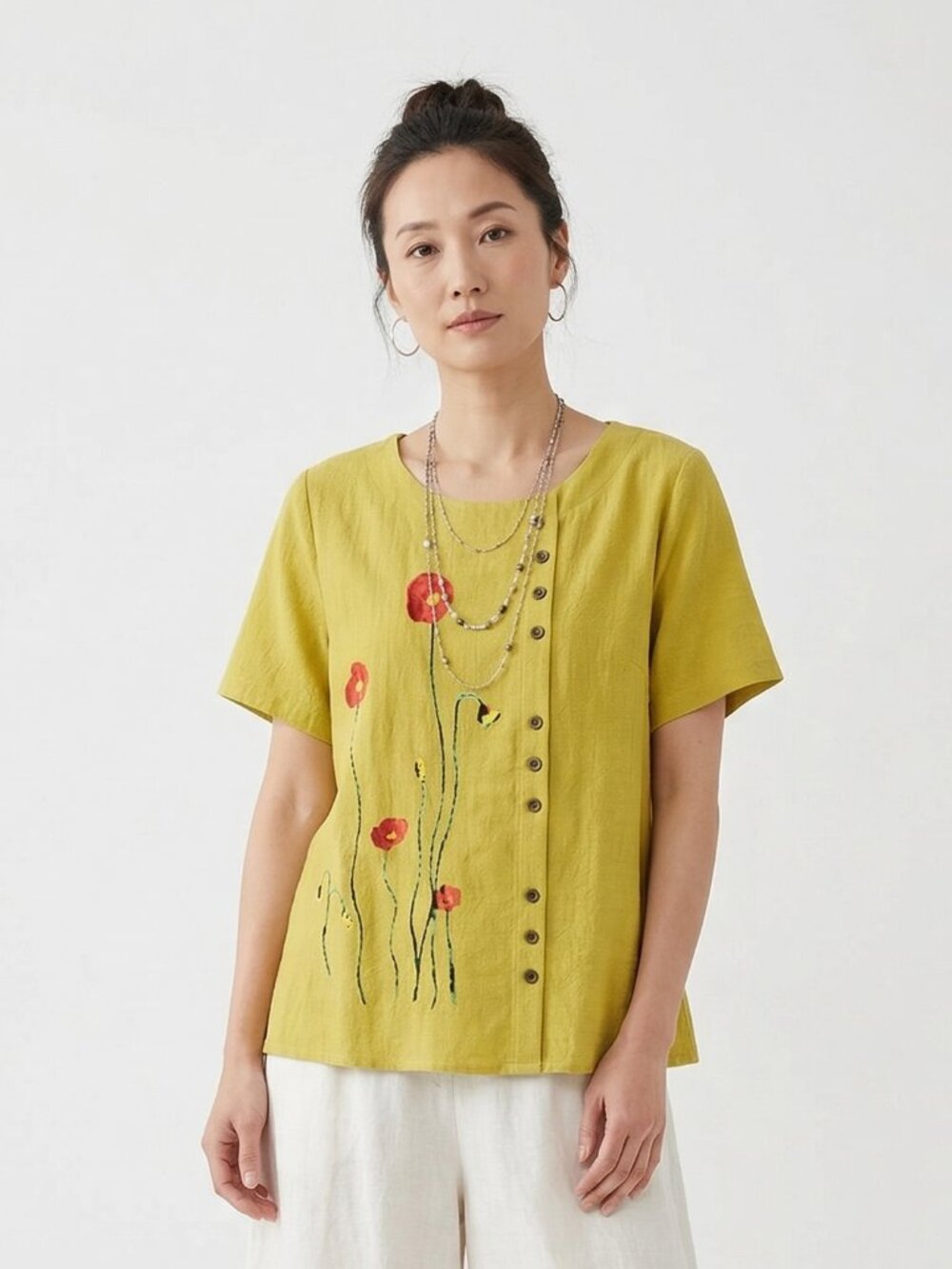 Cellabie Top Artsy Poppy Minimalist Lagenlook Yellow L NWT